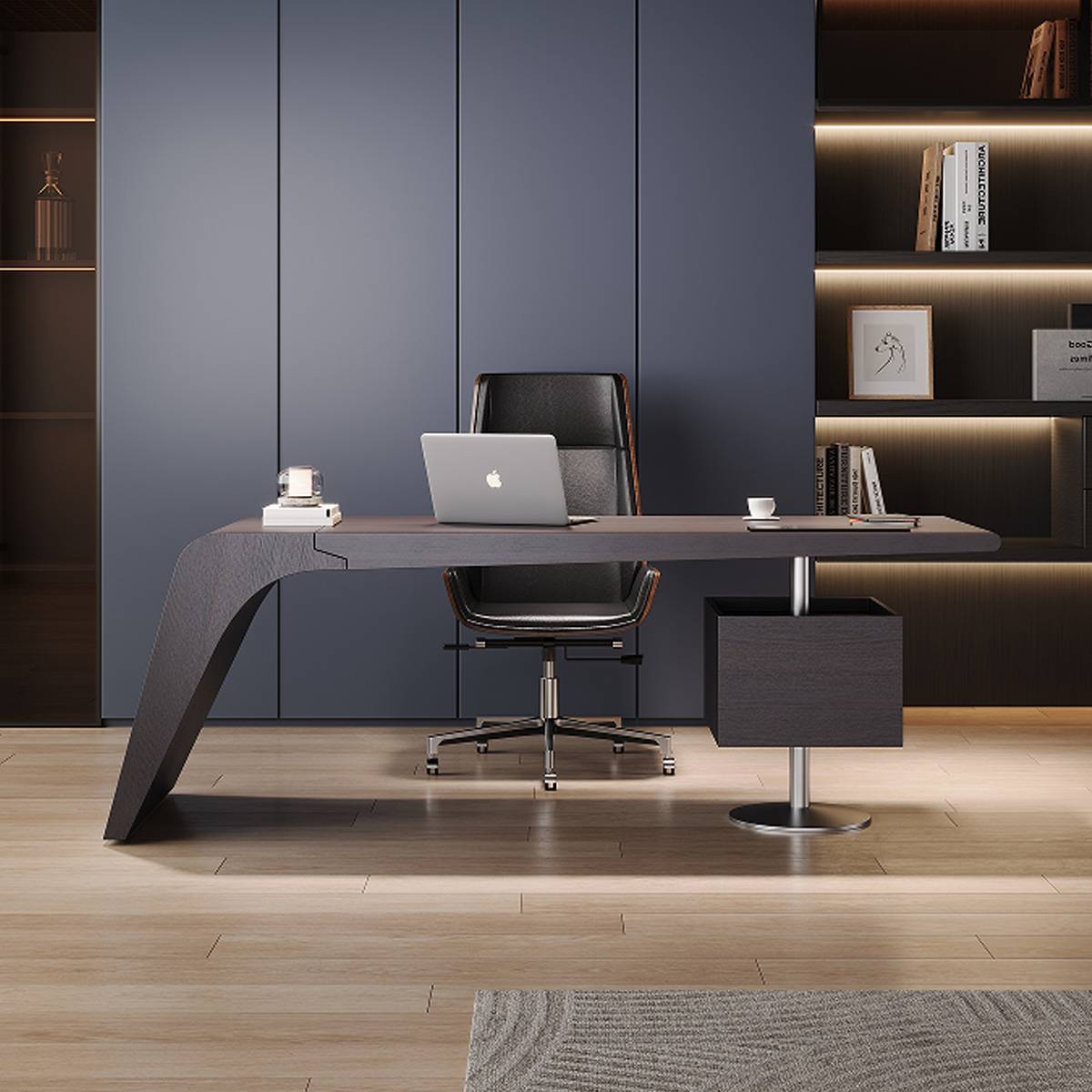 Front view of the desk with laptop and chair