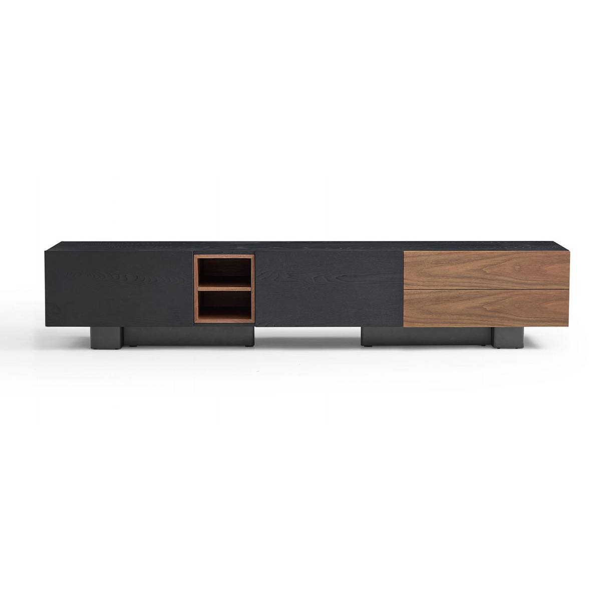 Front view of the modern TV console showing drawers and open shelving
