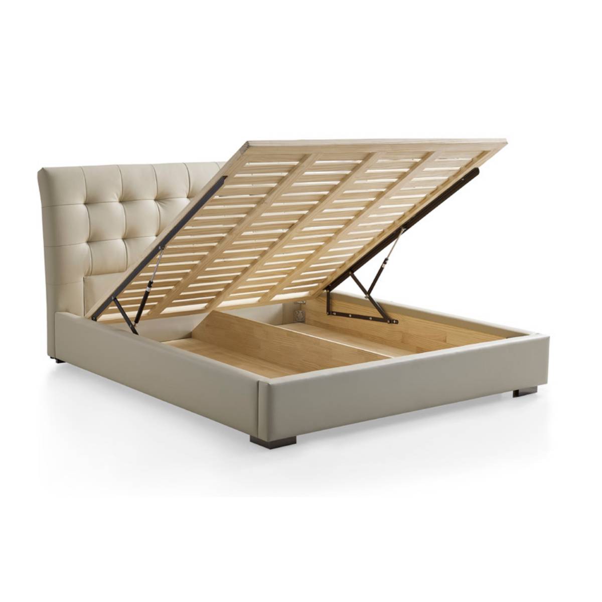 Side view of the bed frame with the slat base lifted to reveal the high-box storage compartment