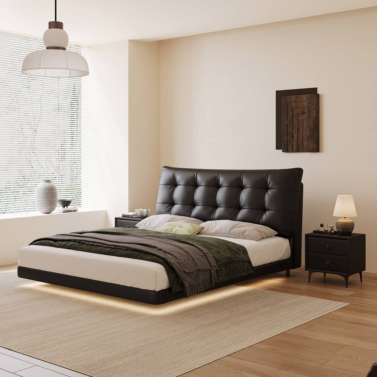 Black eco-leather floating bed with tufted headboard and LED lighting