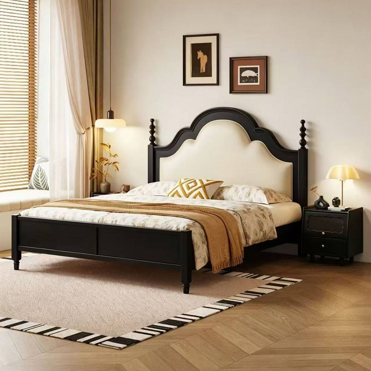 Mid-Century Solid Wood & Eco-Leather Upholstered Bed (A76-316)