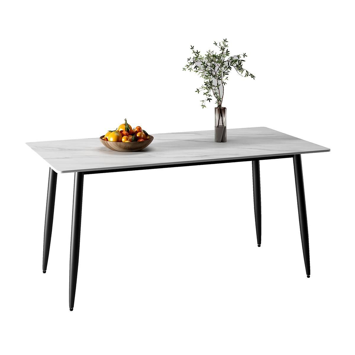 White sintered stone dining table with fruit bowl and vase on white background