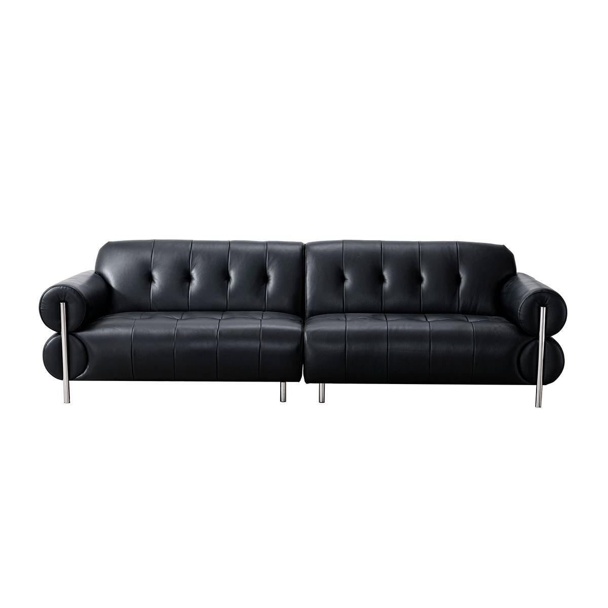 Angled view of black leather sofa showing rounded armrests