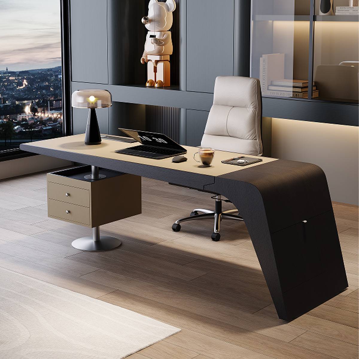 Angled view of the desk showing the curved leg design and leather inlay