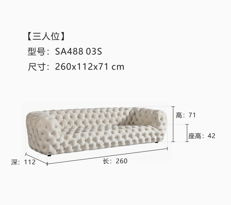 Product parameters for the 3-seater model (SA488 03S) showing dimensions 260x112x71 cm