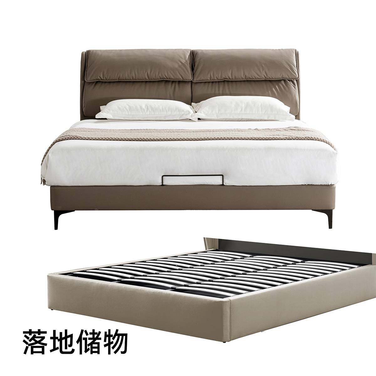 Detail image showing the floor-level storage configuration of the bed frame.