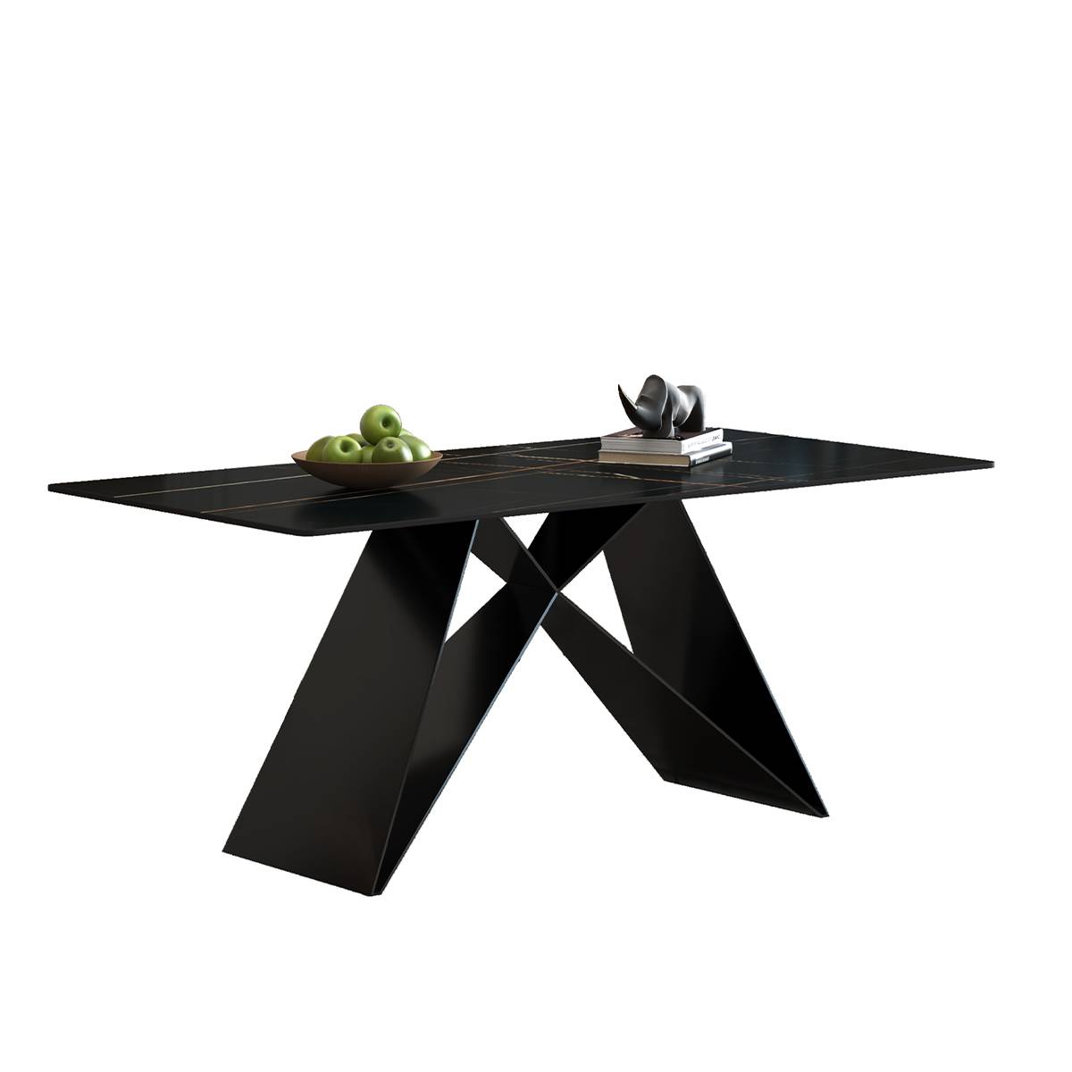 White sintered stone dining table with geometric base in a dining setting