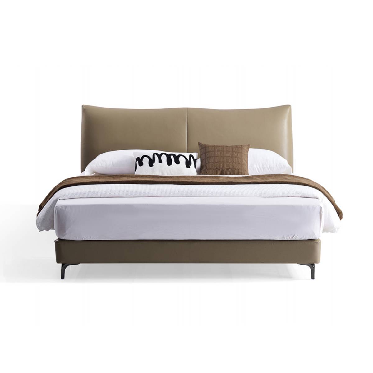 Front view of a beige leather upholstered bed with a high headboard and storage base