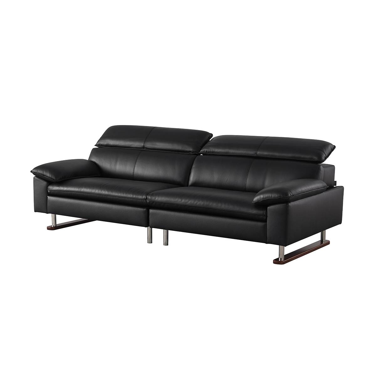 Three-quarter view of the black leather sofa