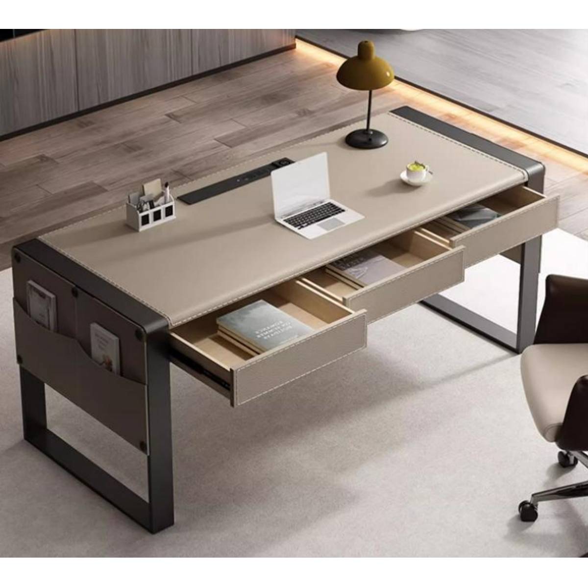 Side view of the desk showing open drawers and document pockets