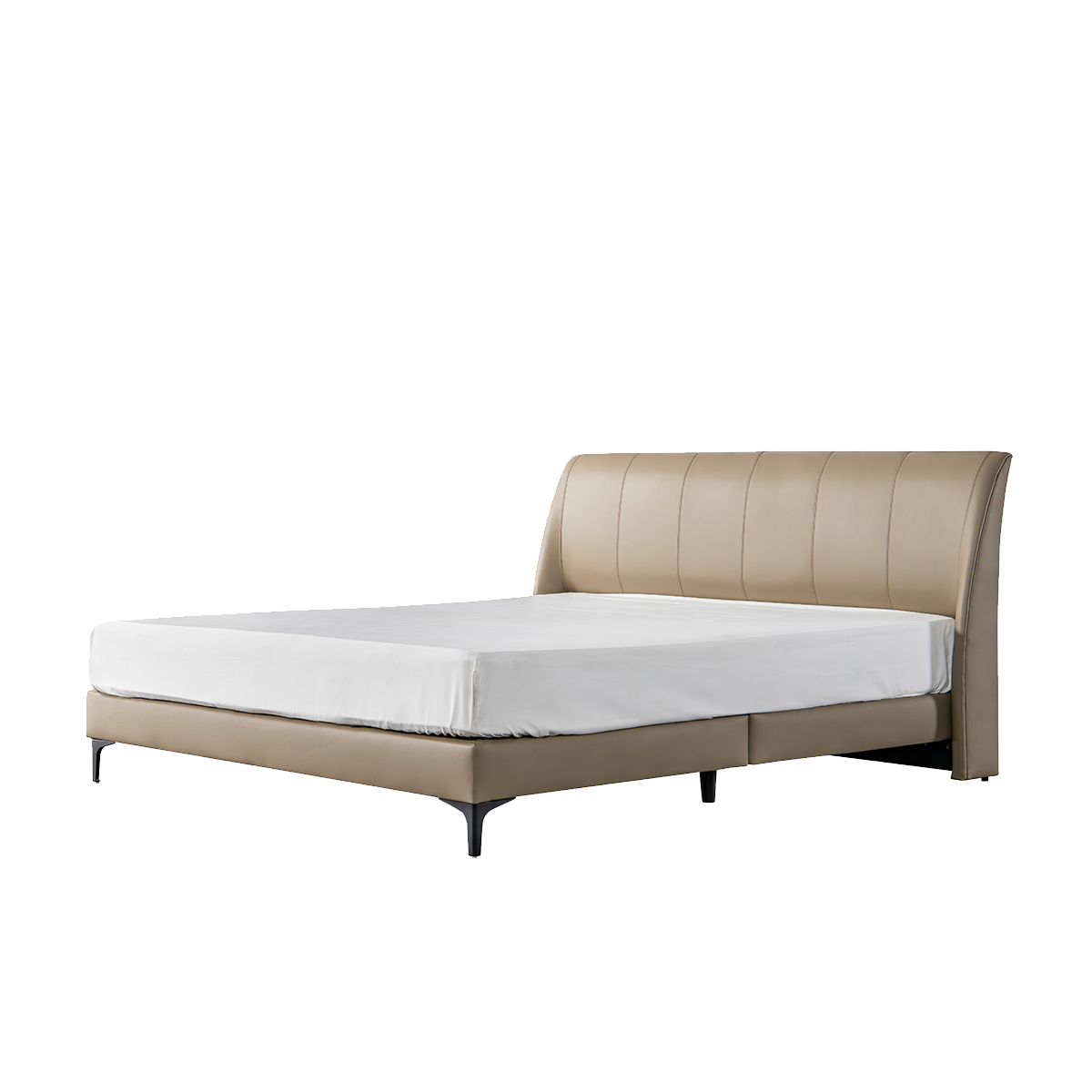 Three-quarter view of the beige leather bed