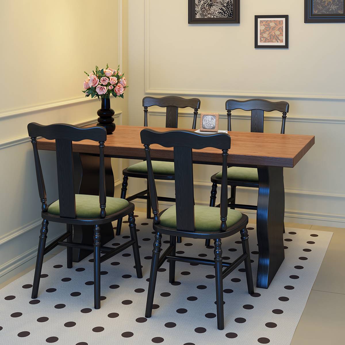 Rear view of the dining table showing the black sculptural base and chair arrangement