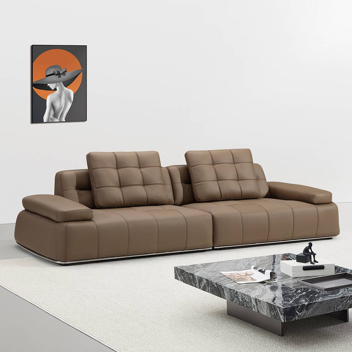 Brown leather straight-row sofa with tufted backrest in a minimalist setting