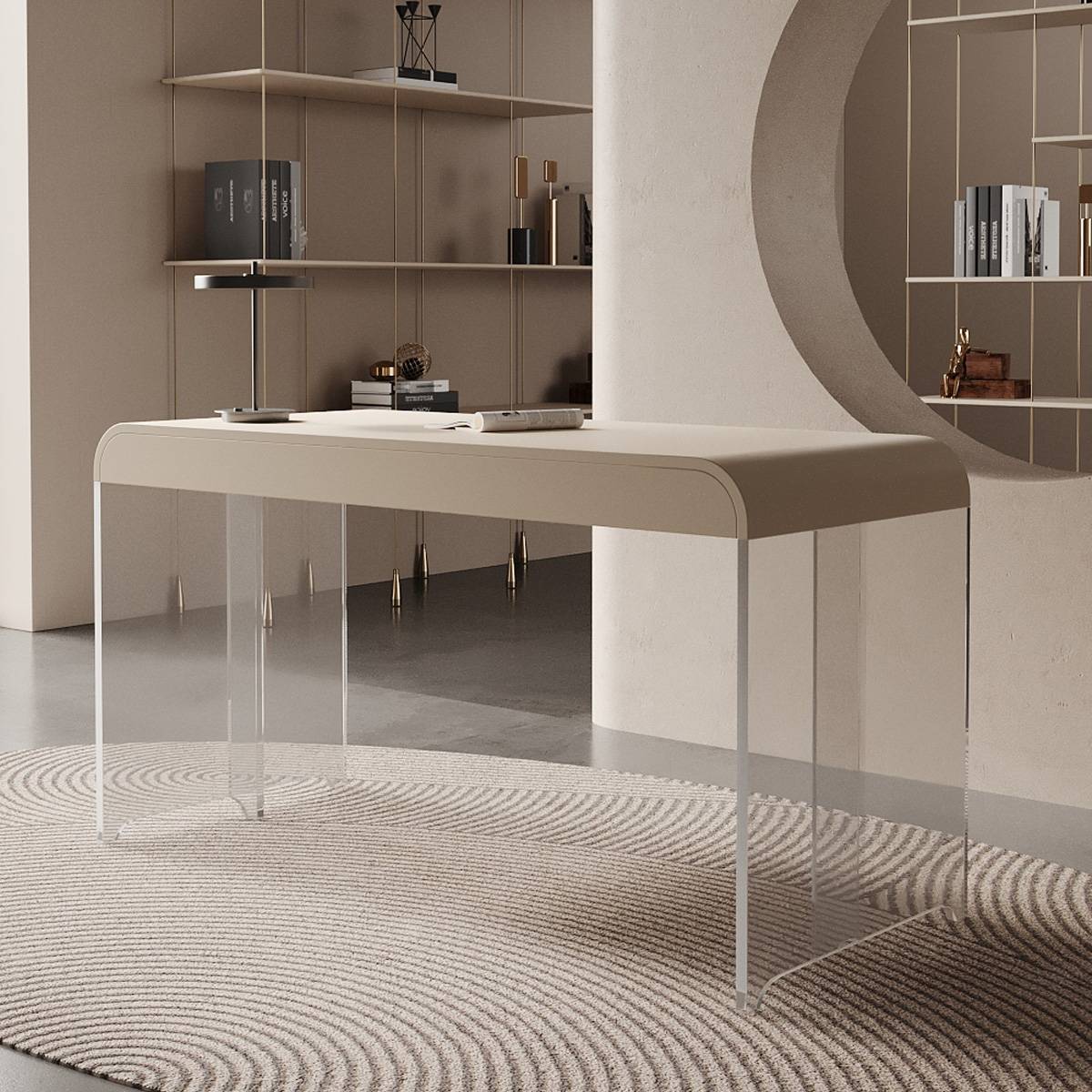 Side view of light champagne desk showing curved edge and transparent legs