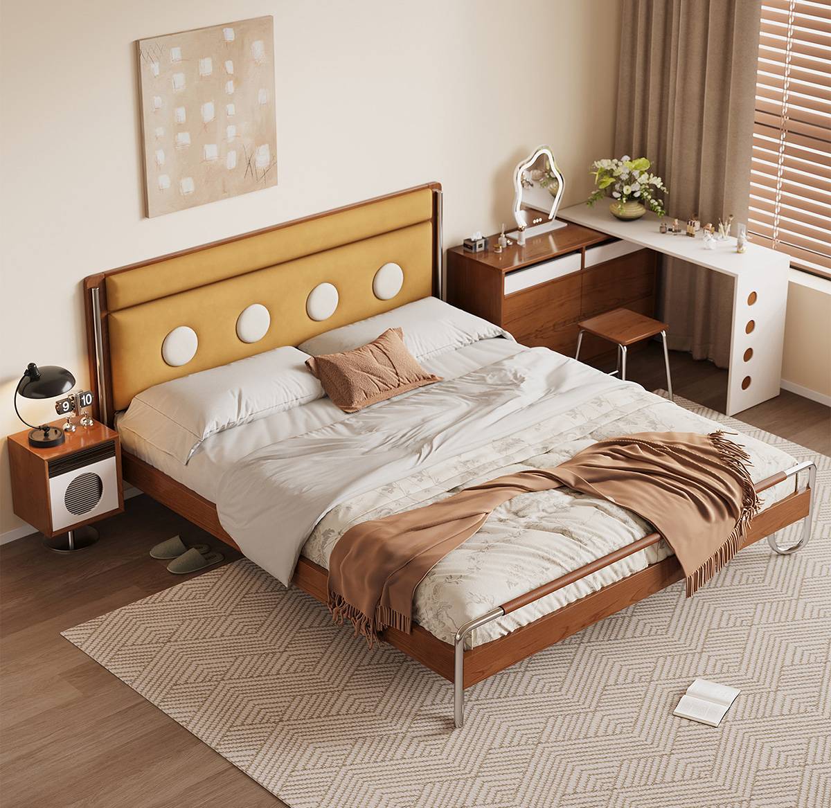 Lemon yellow Bauhaus soft bed with white bedding and brown throw in a bedroom setting