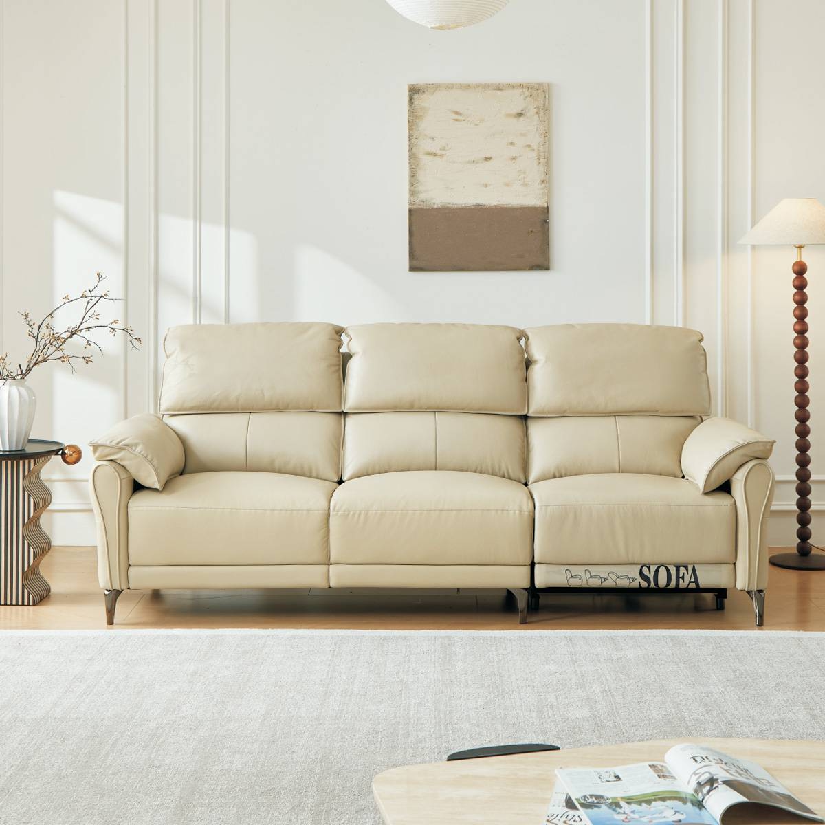 Front view of the beige three-seater functional sofa