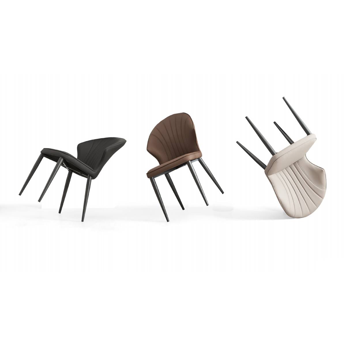 Black, brown, and beige modern dining chairs showing different angles