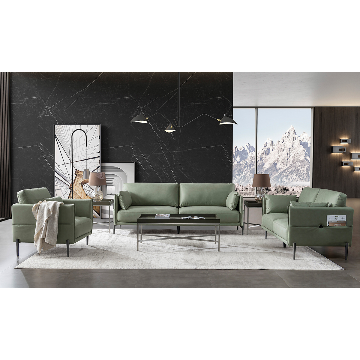 Close-up of the green sofa seat and coffee table