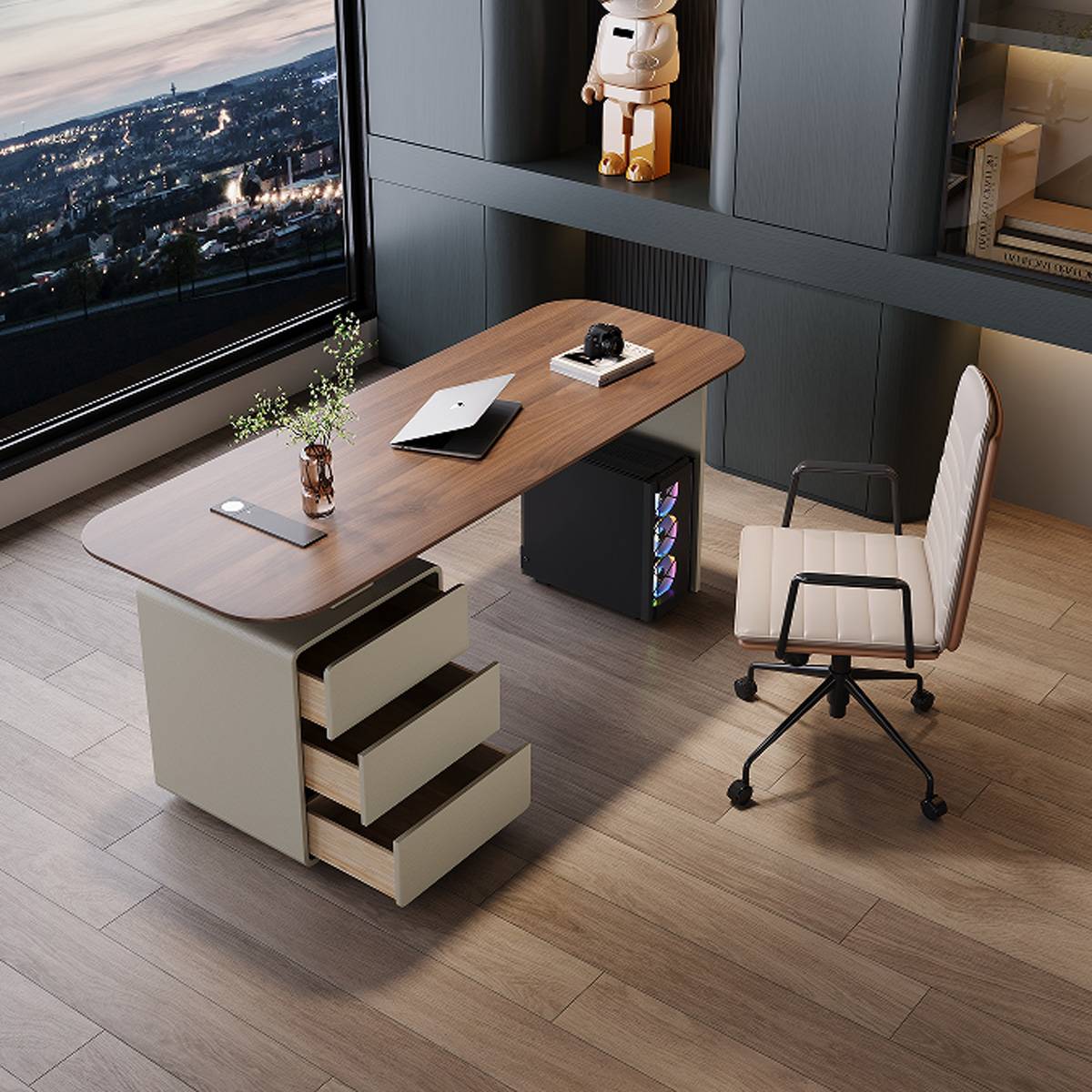 High-angle view of the desk showing the open drawers of the pedestal and the desk surface.
