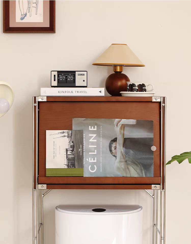 Text graphic describing the flip-top storage cabinet door feature