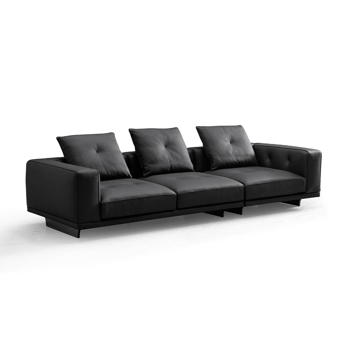 Side angle view of black leather sofa