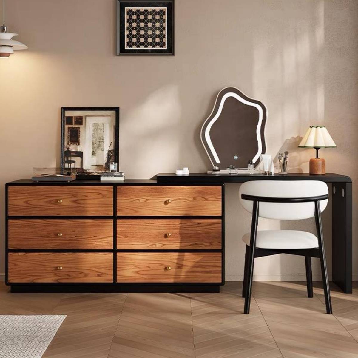 Front view of the modern wood and black vanity set with LED mirror