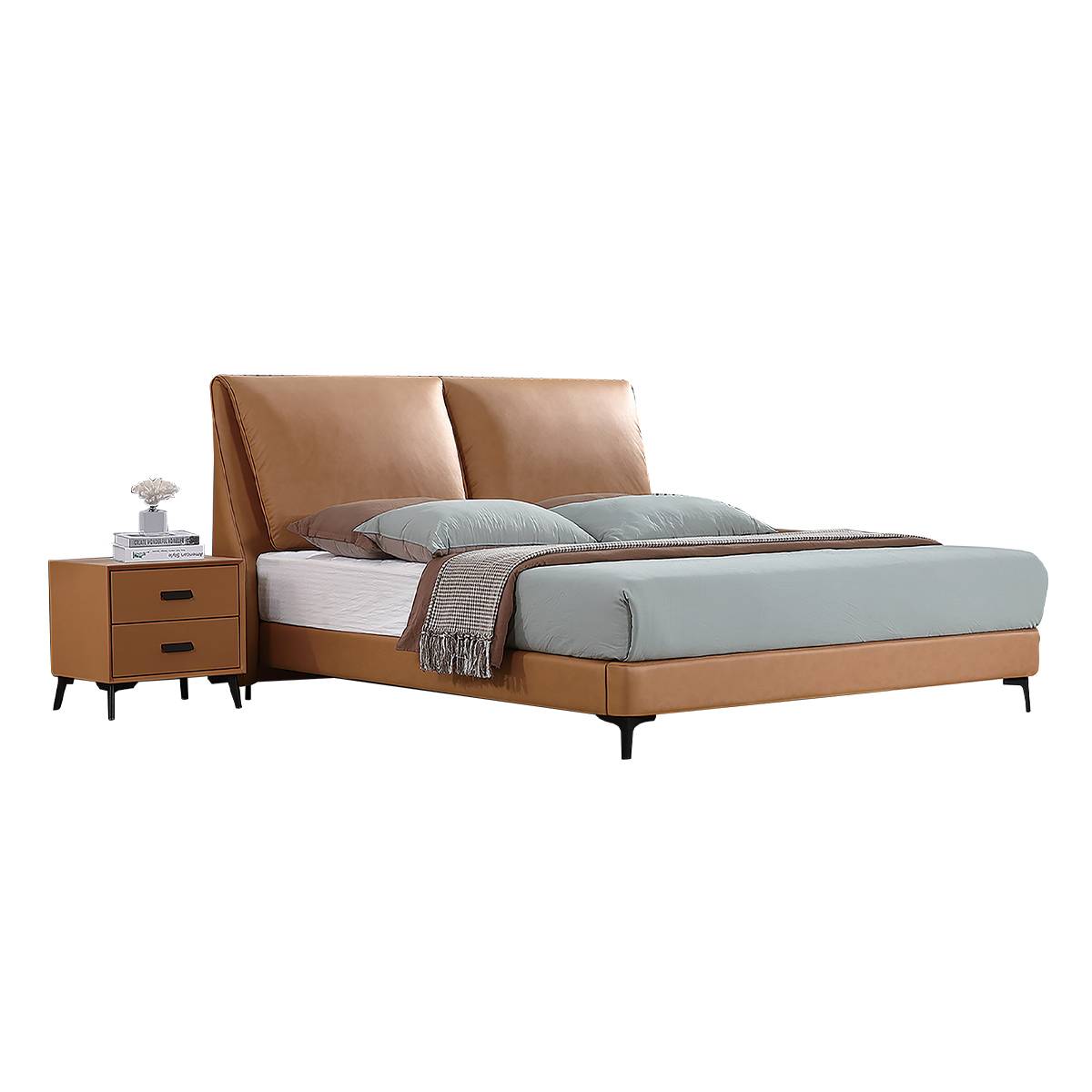 Tan modern bed with matching bedside table on white background