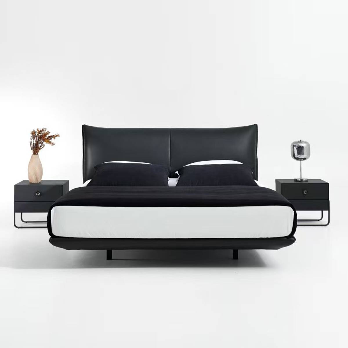 Front view of black leather floating bed