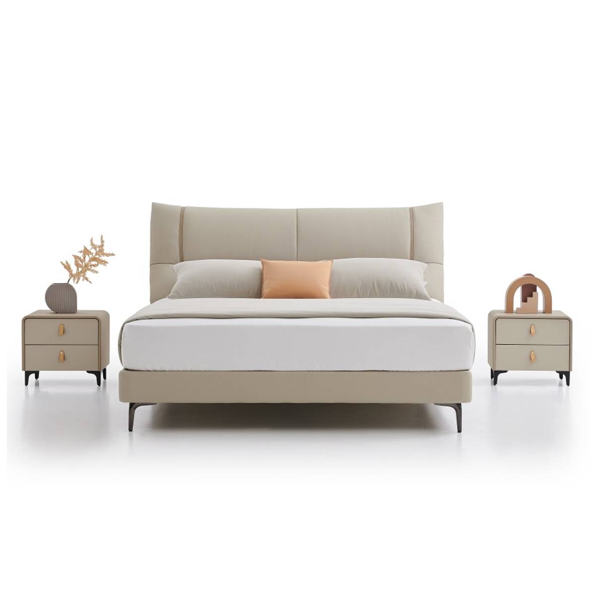 Front view of the bed showing the headboard and bedding arrangement