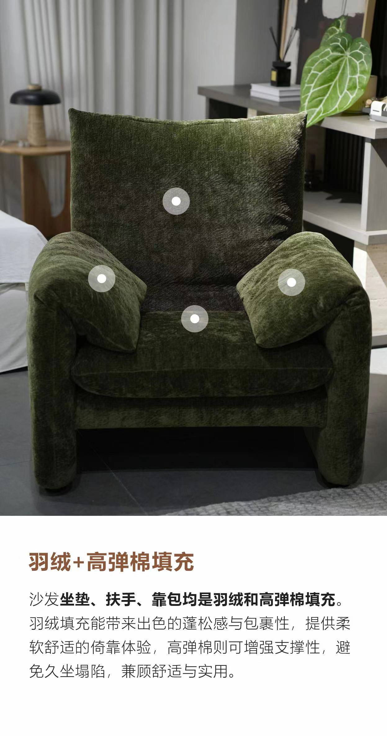 Diagram highlighting the down and high-resilience cotton filling in the seat, armrests, and backrest