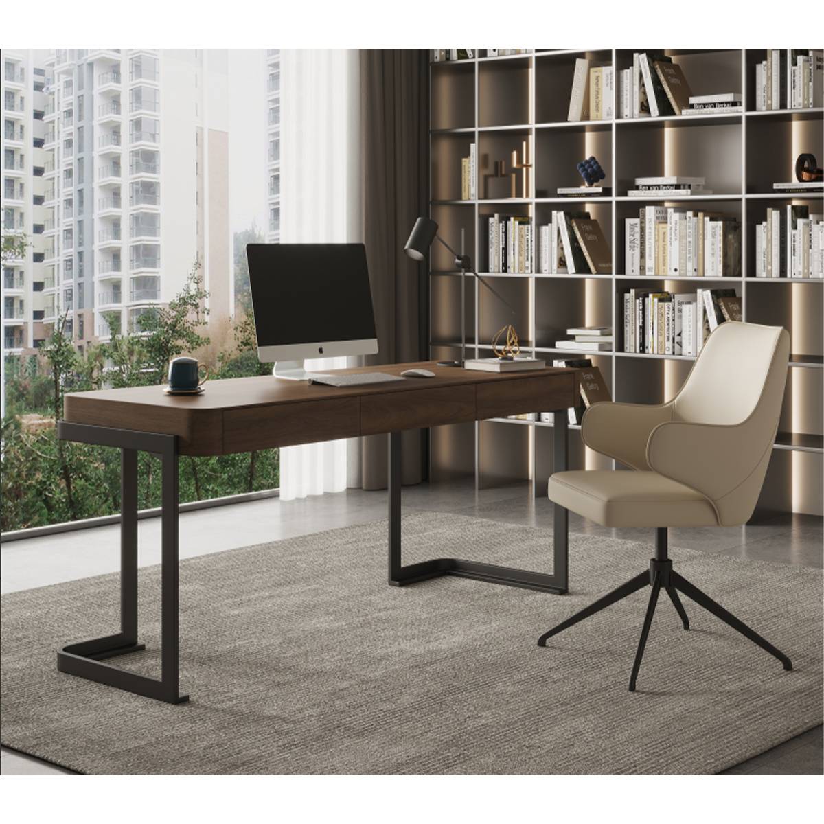 Walnut wood desk with black metal legs in a bright office