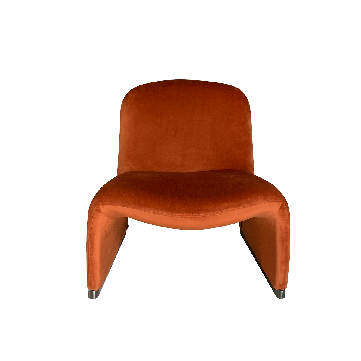 Front view of the orange velvet lounge chair showing the seat depth and curved legs