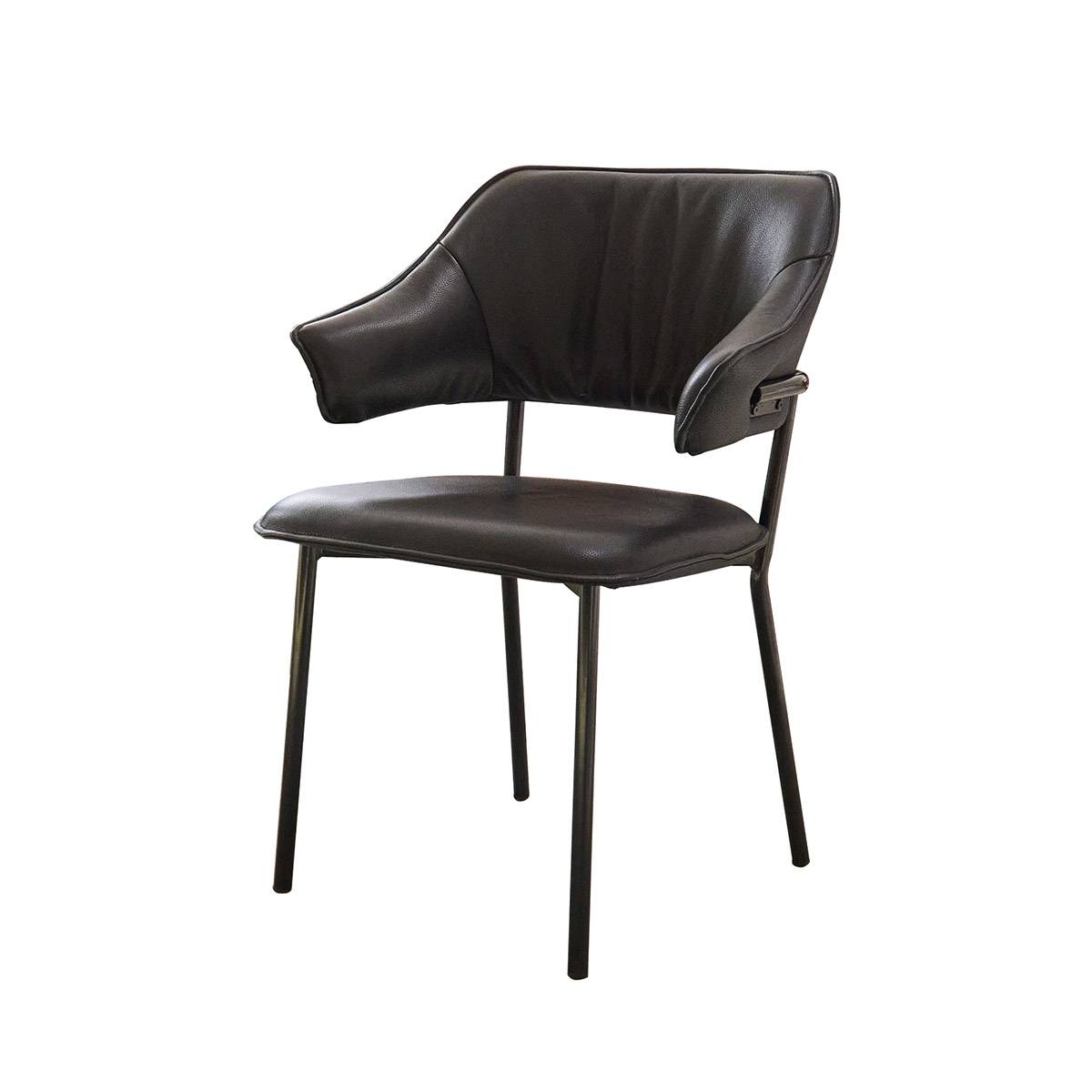 Full view of the black leather dining chair with metal legs