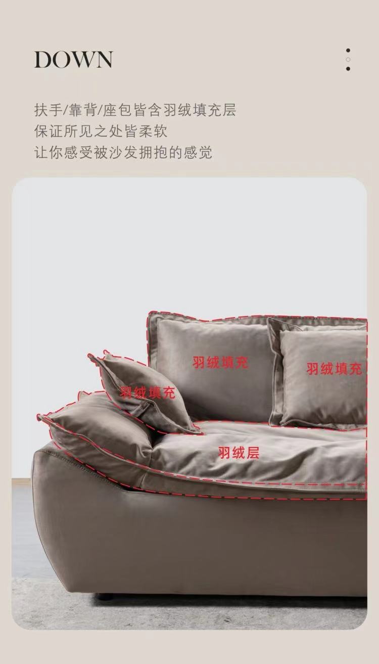 Close-up of sofa cushions showing down filling layers in armrest, backrest, and seat.