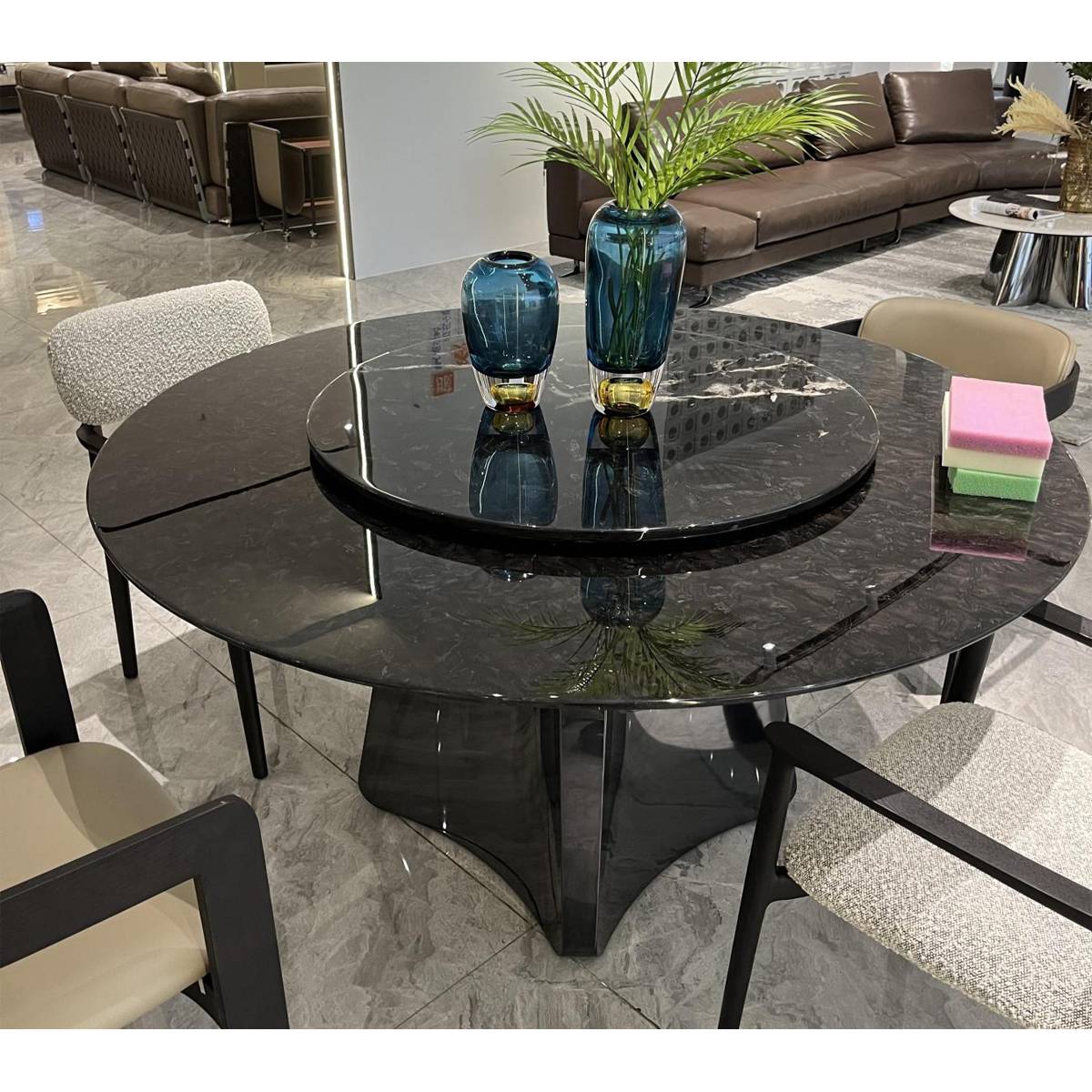 Imported Versace Black Natural Marble Luxury Round Dining Table with Stainless Steel Grey Base (Z60-S93)