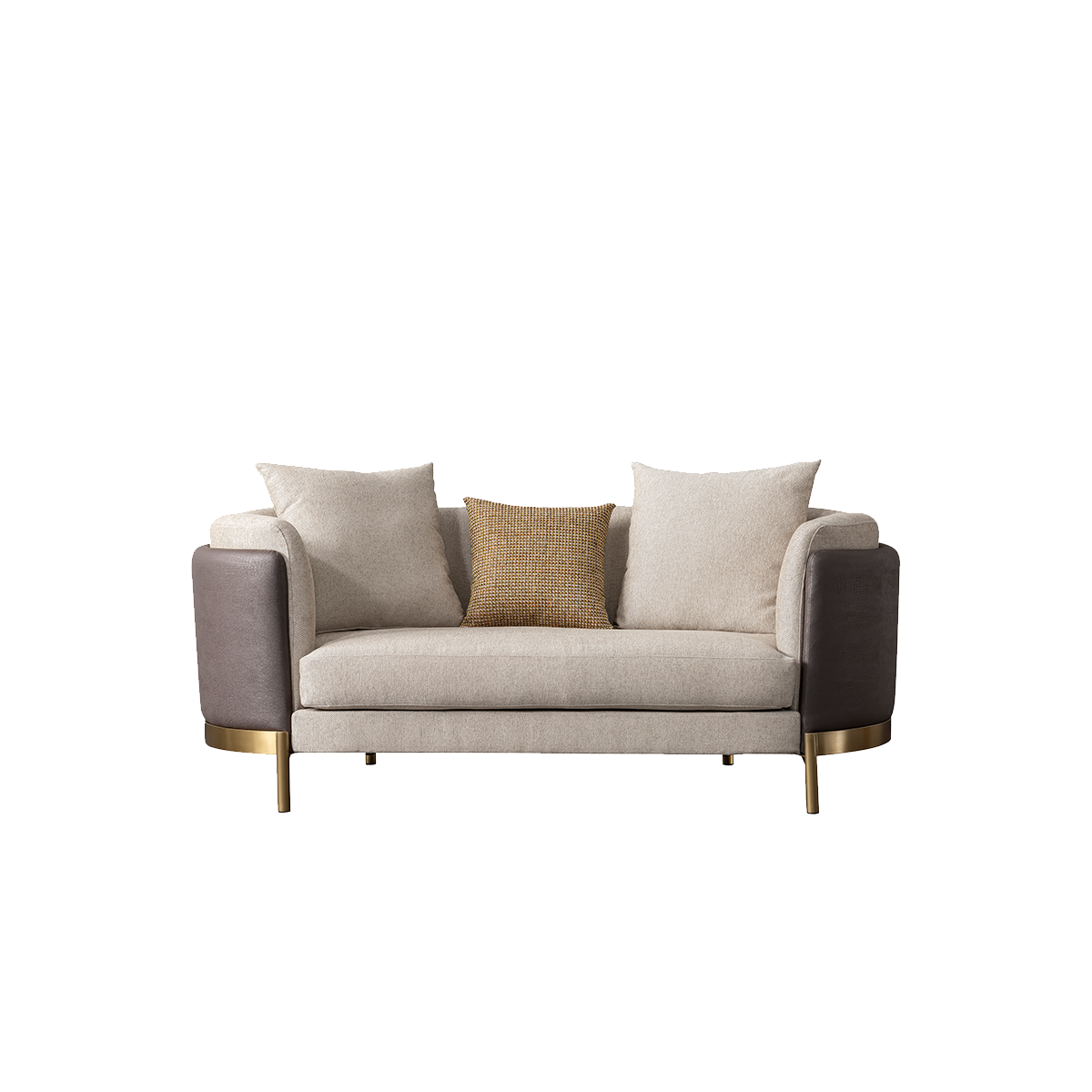 Front view of the beige 3-seater sofa with dark armrests and brass legs