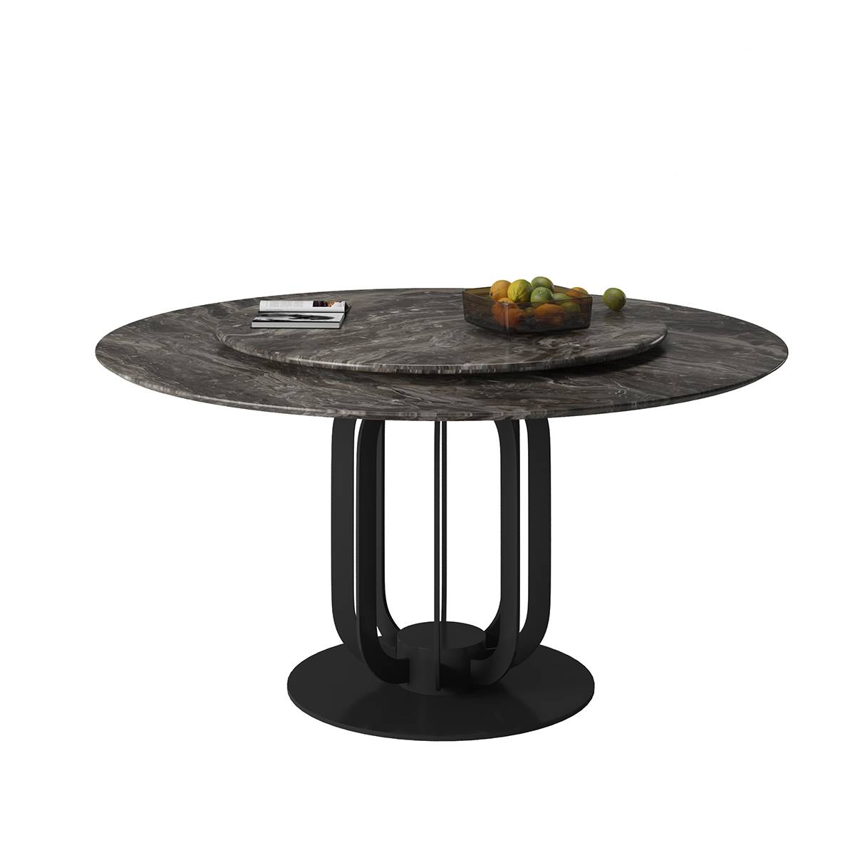 Studio shot of the round dining table showing the grey marble texture and rotating lazy susan with fruit bowl