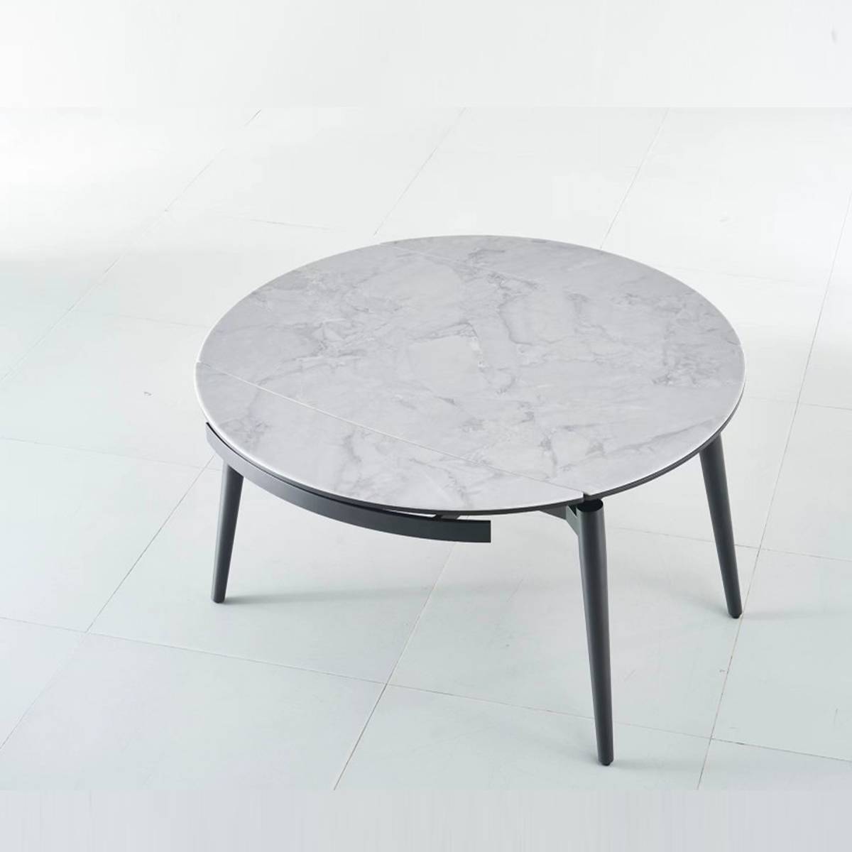 High angle view of the round table on a tiled floor