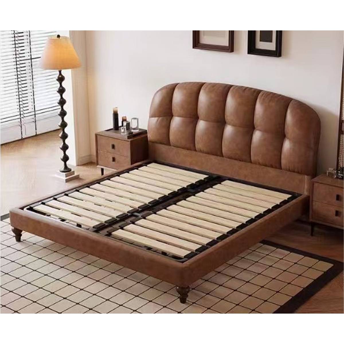 Bed frame showing the wooden slat base and construction details