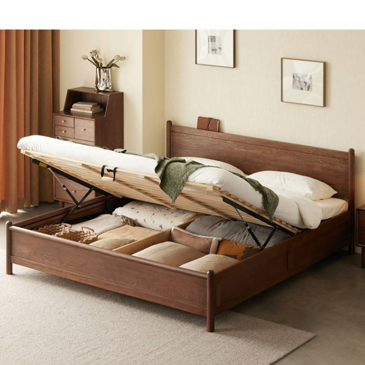 Dark wood version of the storage bed with gas lift mechanism raised