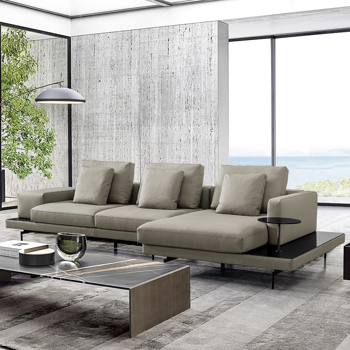 Close-up view of the sofa highlighting the leather texture and stitching details.