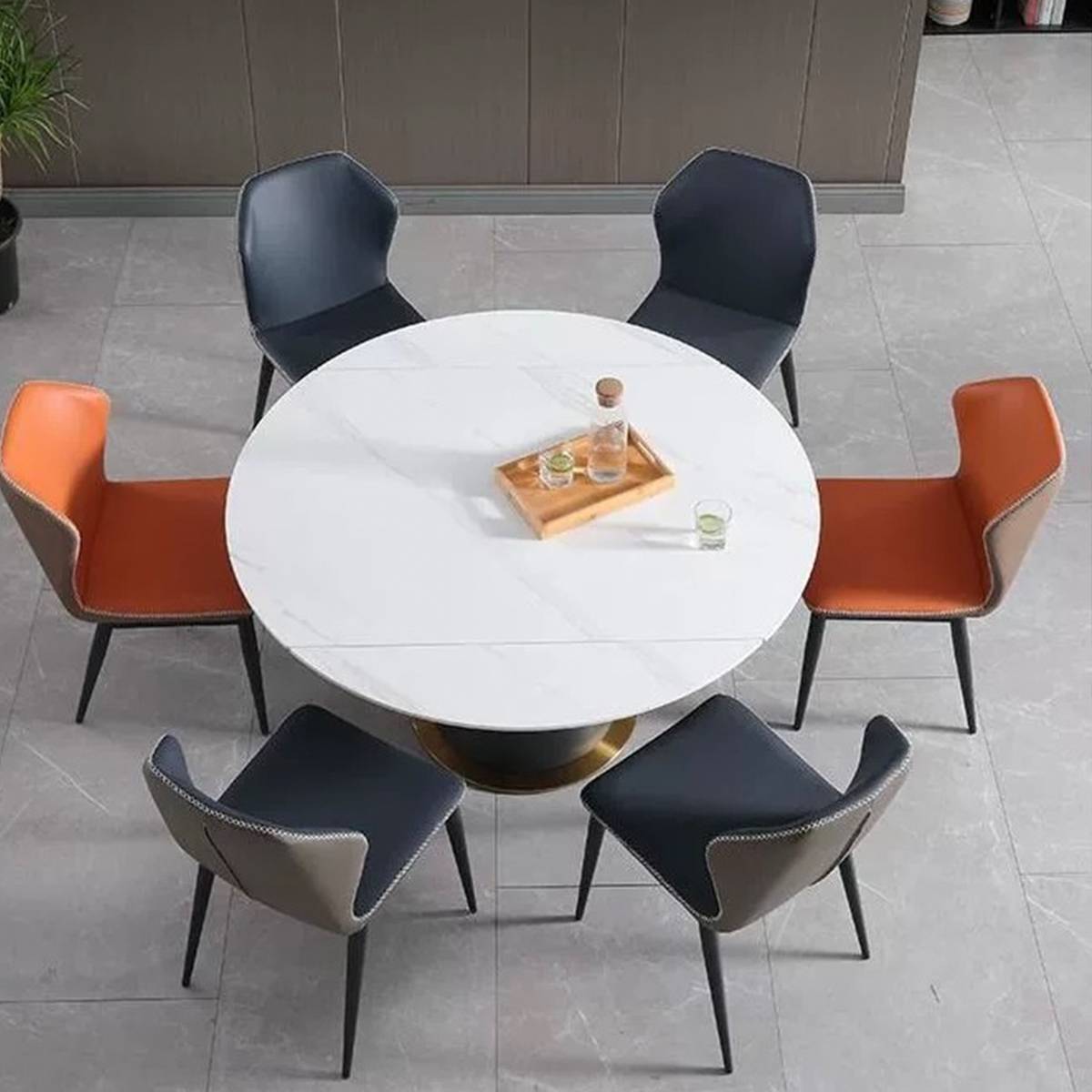 Top-down view of the round dining table