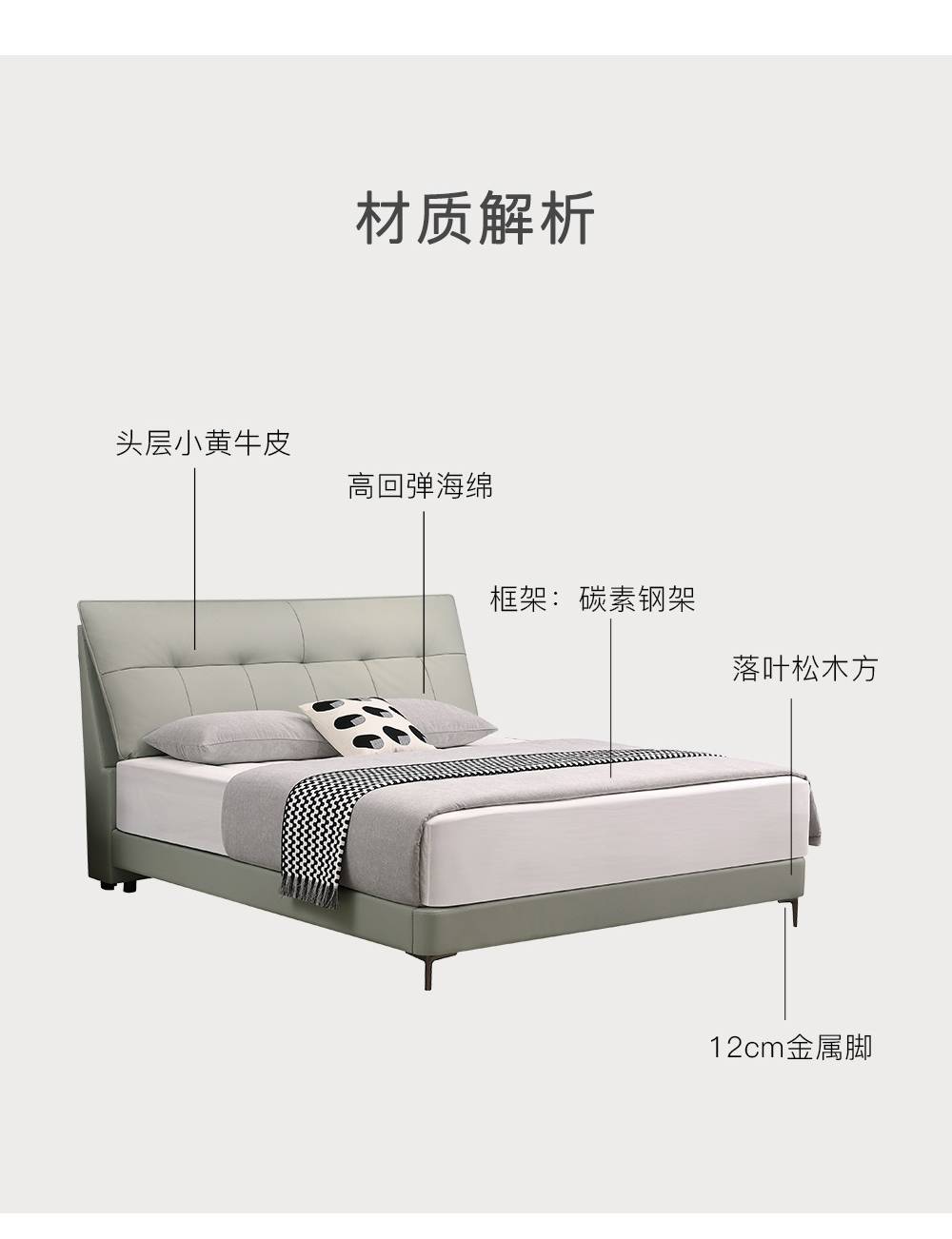 Material breakdown diagram showing top-grain calfskin, high-resilience sponge, carbon steel frame, pine wood blocks, and metal legs.