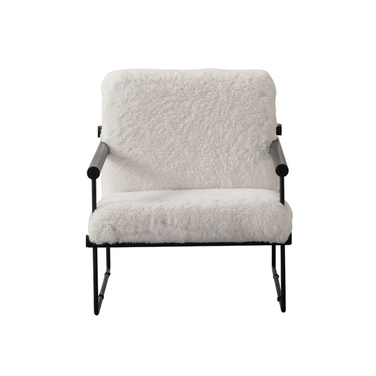 Front view of a white furry lounge chair with a black metal frame.