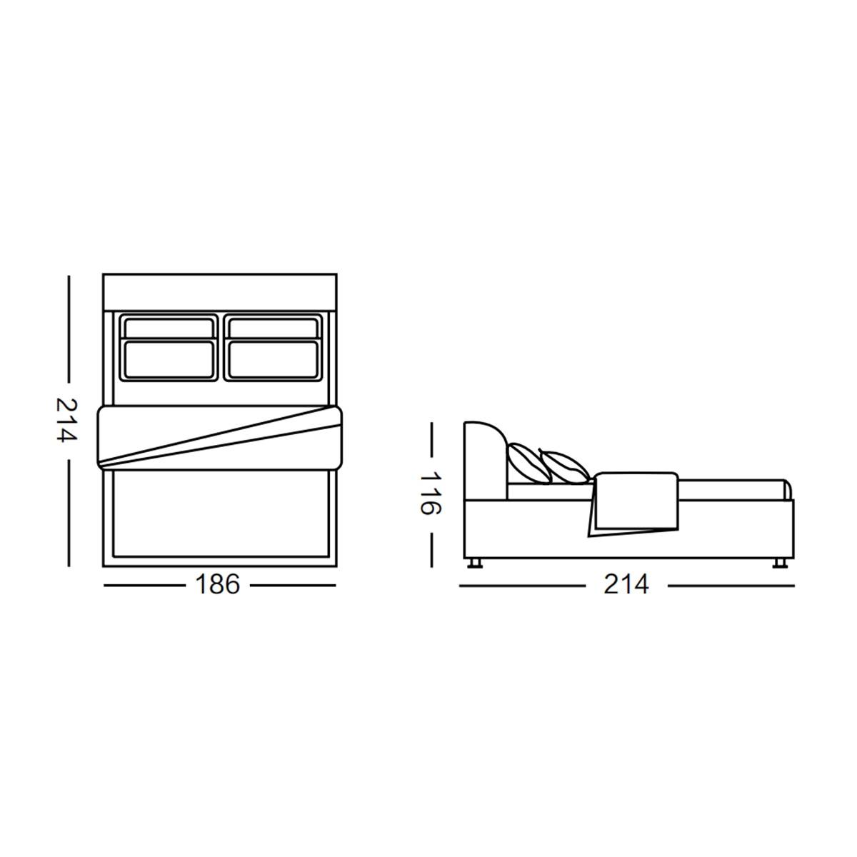 Technical line drawing showing bed dimensions and storage layout