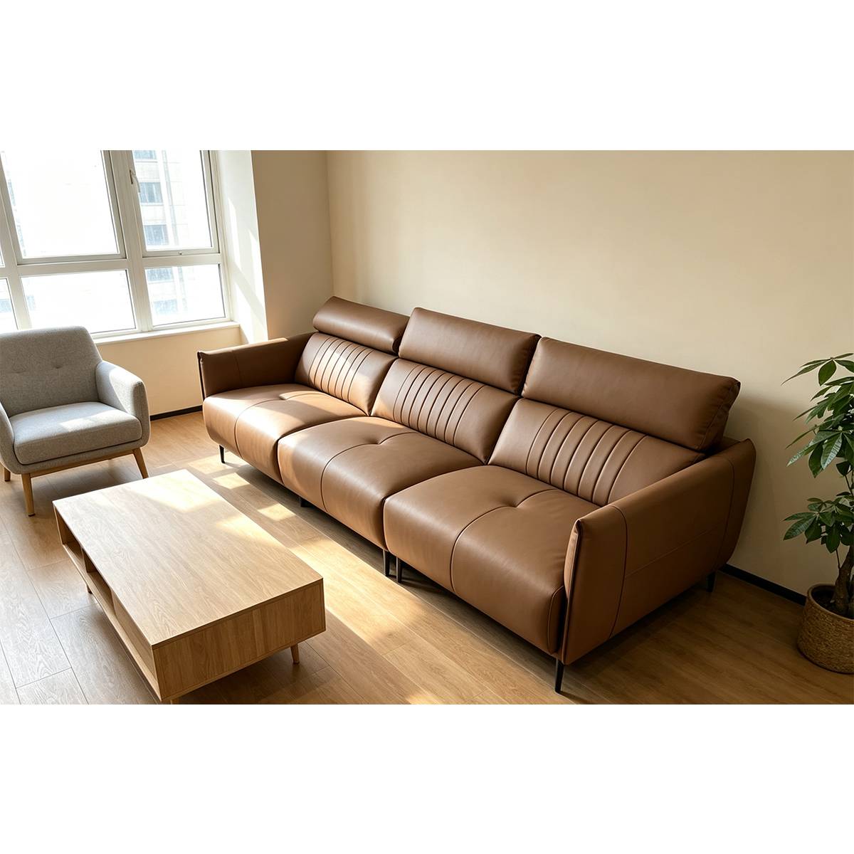 Wide angle view of the brown sofa in a living room with a wooden coffee table and armchair