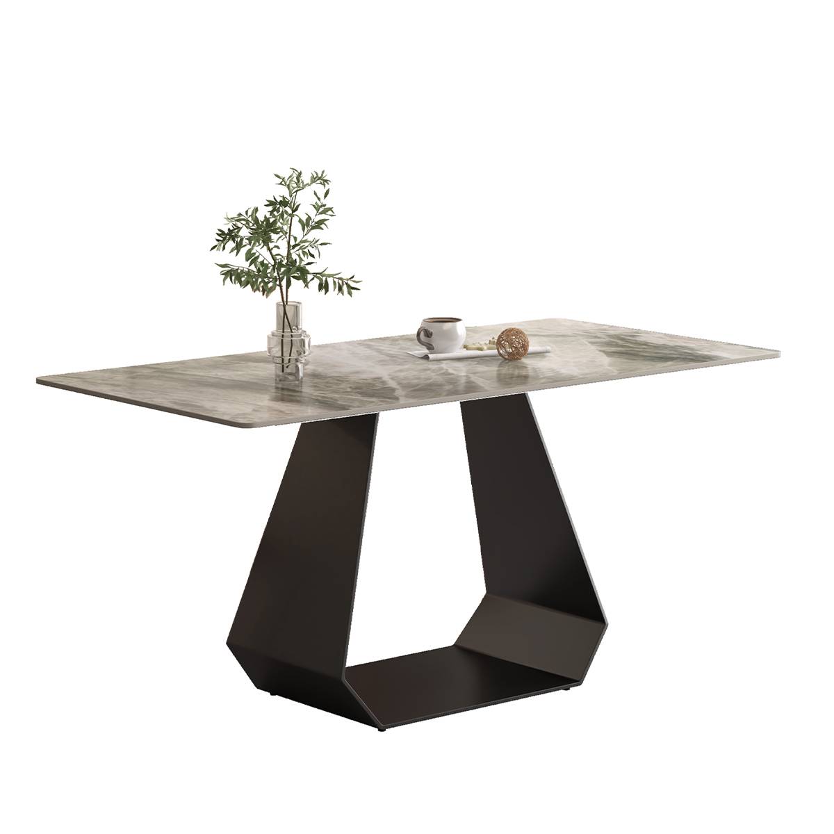 Side view of the dining table showing the geometric base structure