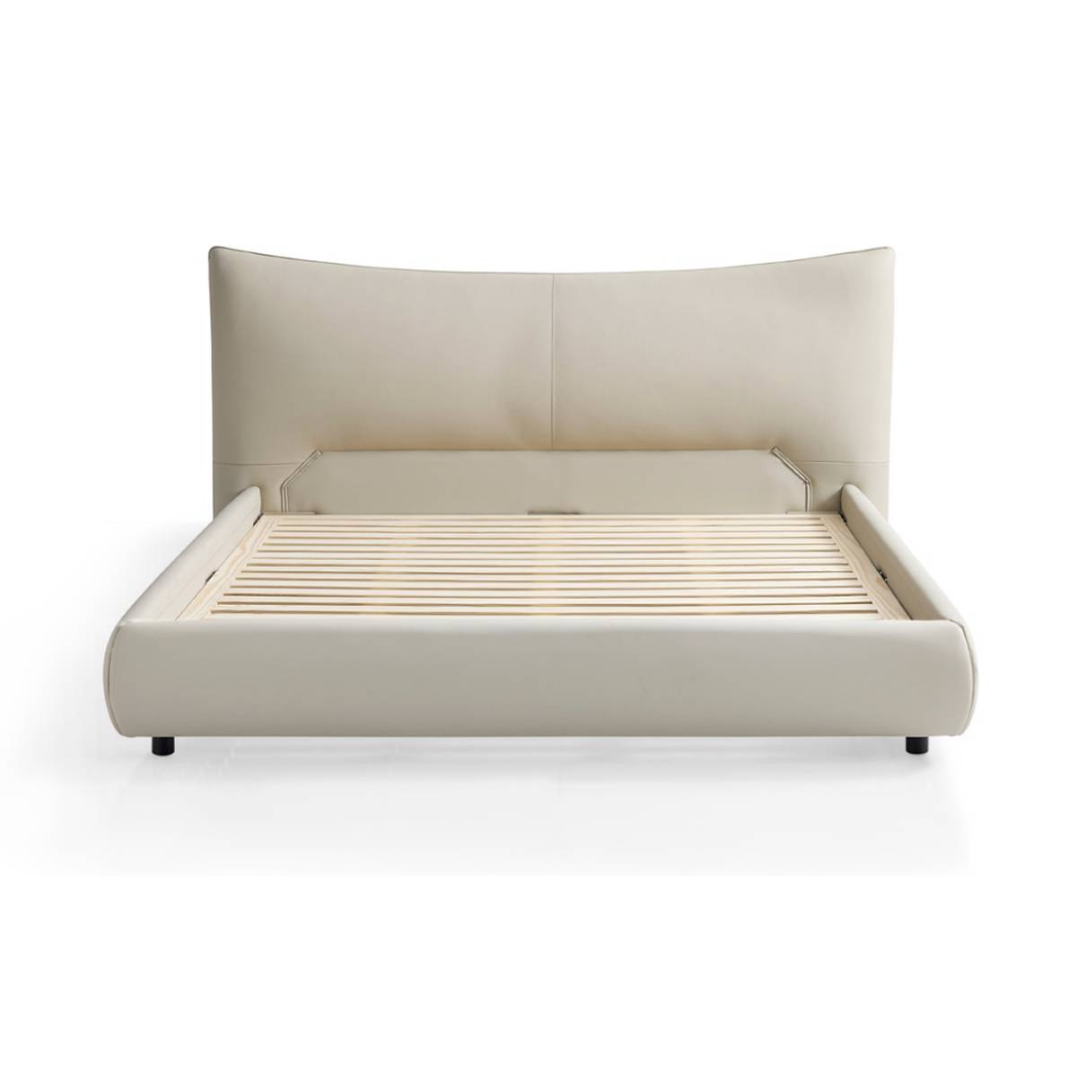 Front view of a beige leather upholstered bed with wooden slats