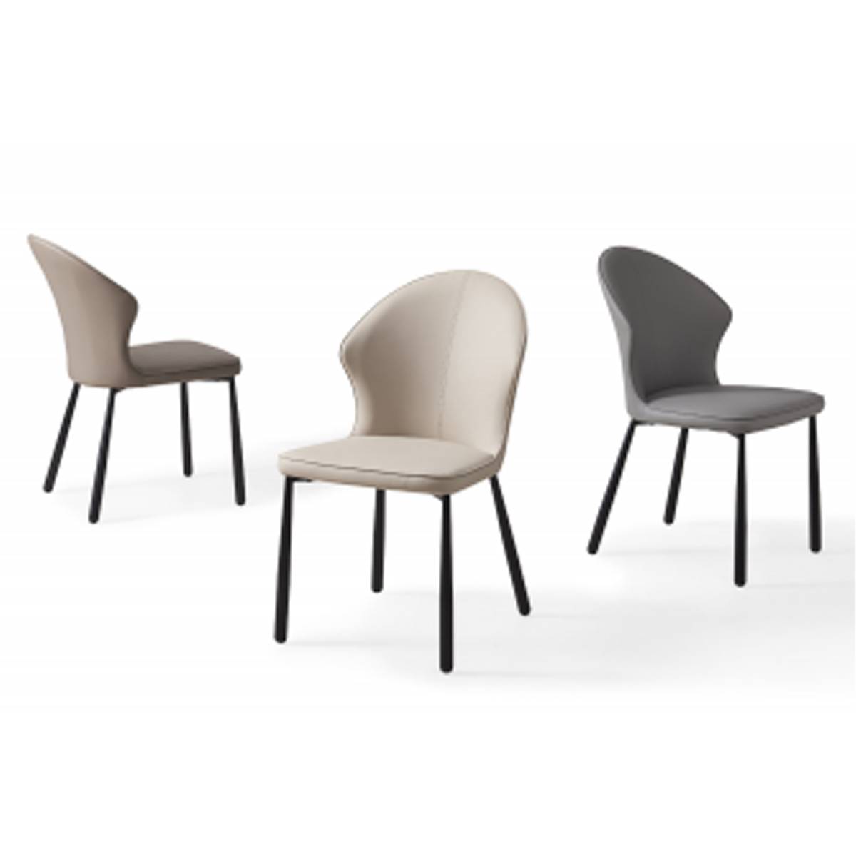 Alternative view of modern dining chairs in beige, dark grey, and coffee colors