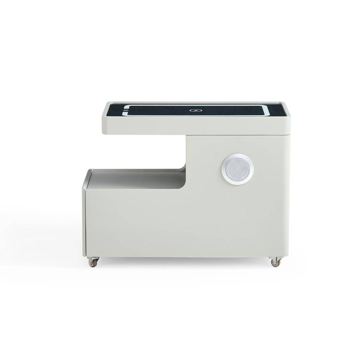 Front view of the white side cabinet showing the open shelf and speaker grille